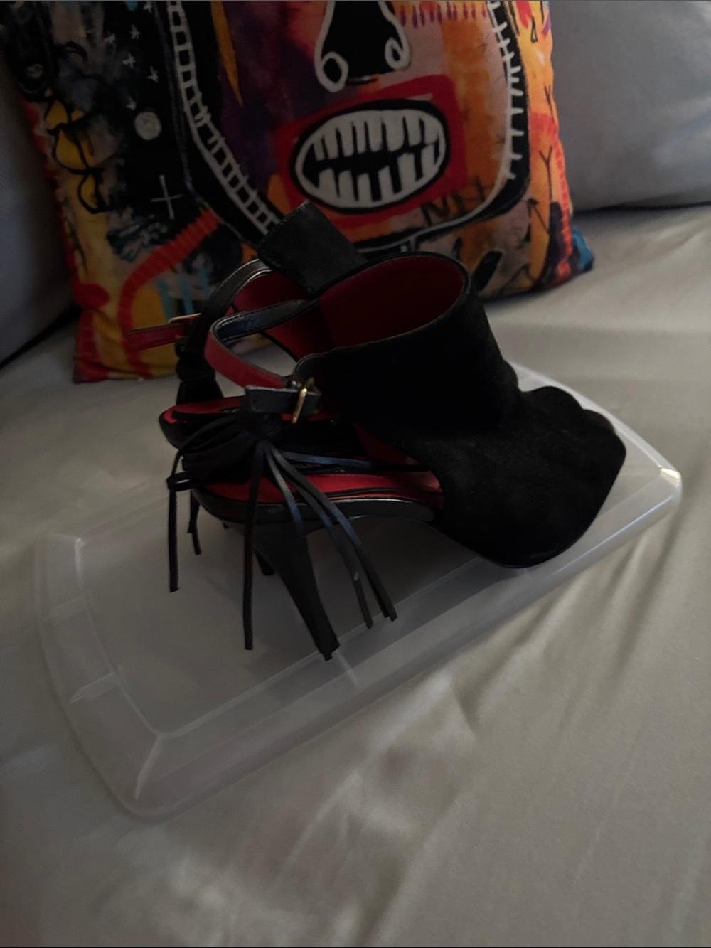 Black Suede High Heel Sandals with Red Insole and Tassel Detail